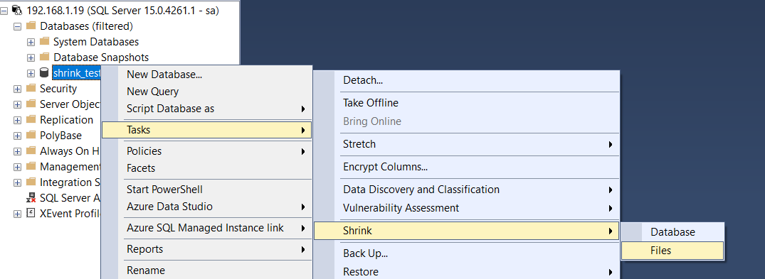 SSMS select file shrink menu option